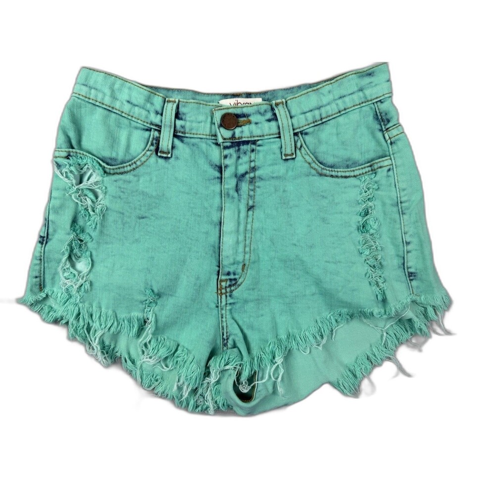 Vibrant Size M Womens Shorts Green Cut Off Distress Mid Rise Stretch
